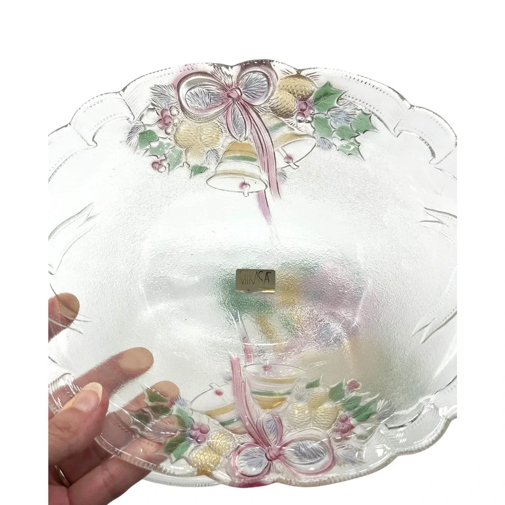 VTG NEW MIKASA Festive Bells MCM Oval Glass Bowl & Platter Holiday Serving Set